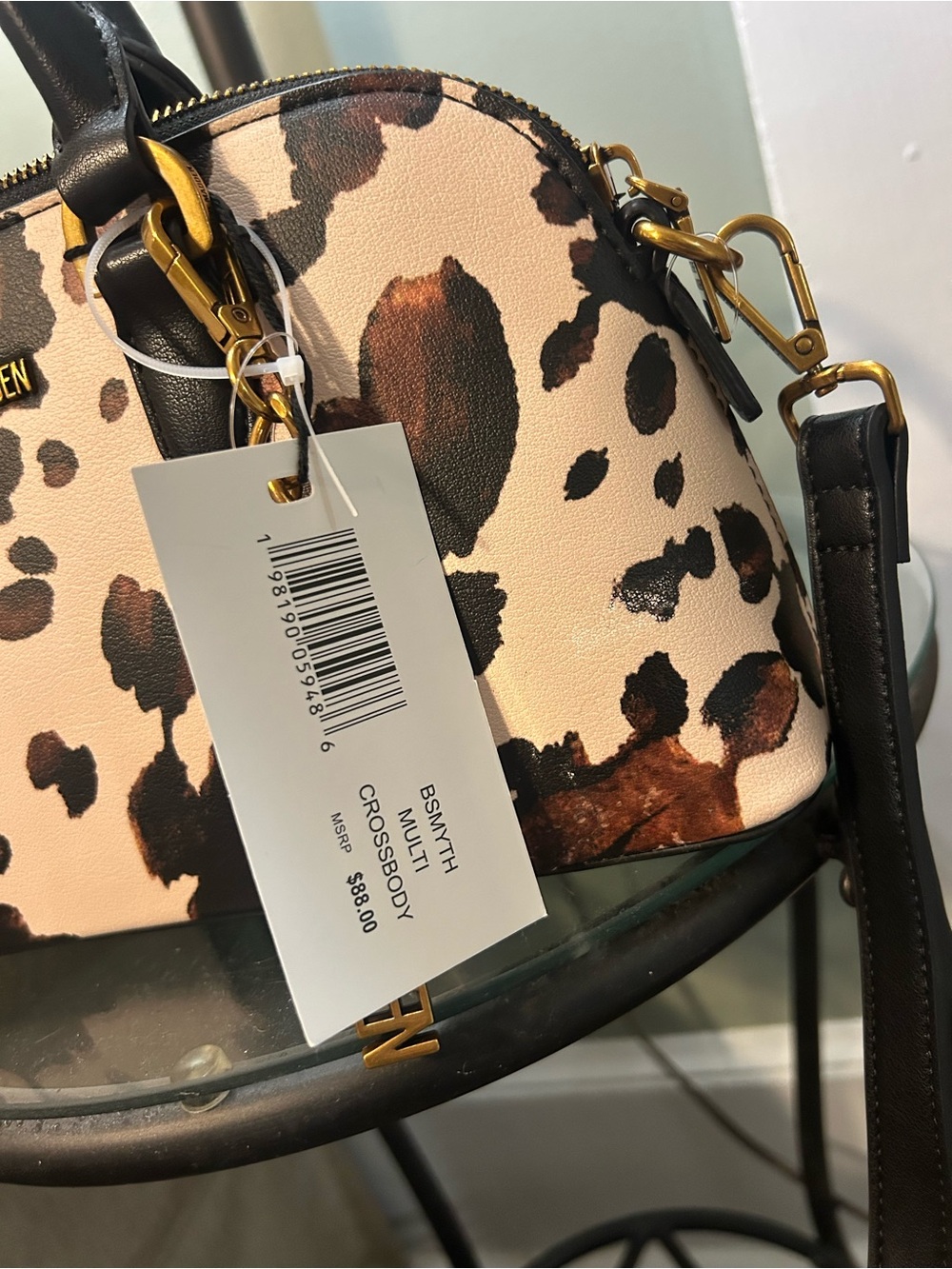 Steve Madden Black & Tan Cow Print Dome Crossbody Satchel - Picture 3 of 7